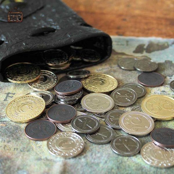 Accessoires de jeu : 60 dés en métal et bourse en cuir