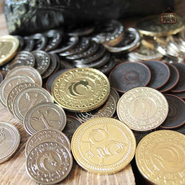 Bourse à dés en cuir dragon contenant 60 pièces métalliques