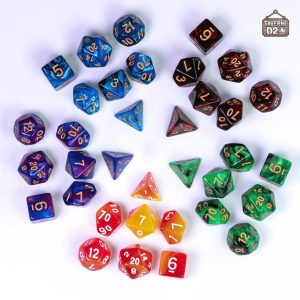 Coffret JDR comprenant des dés et une piste de jeu