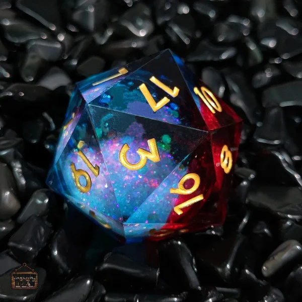 D20 avec cœur liquide et éclats spatiaux