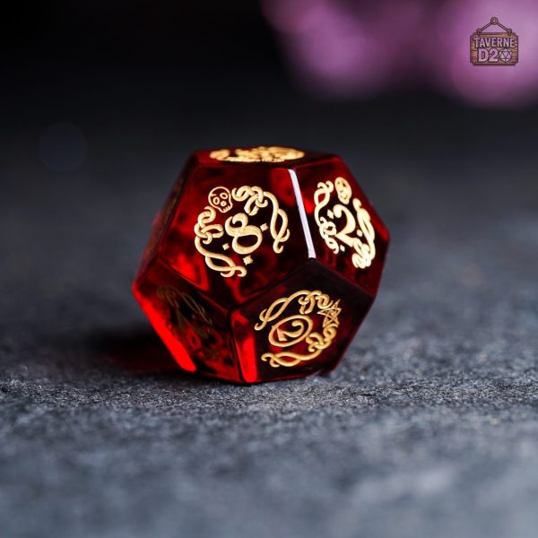 Dés Cthulhu en verre rouge pour RPG et jeux de rôle