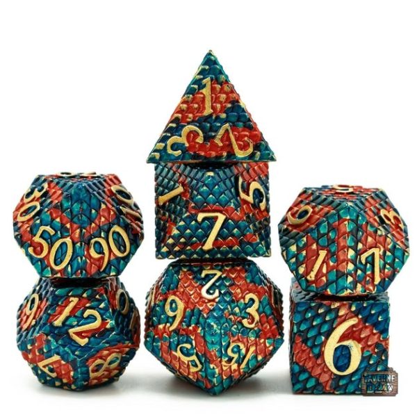 Dés en métal avec motif d'écailles de dragons