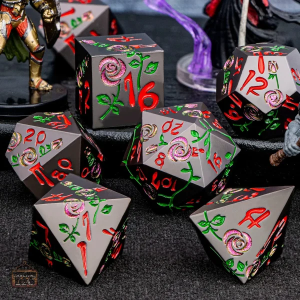 D20 avec motif rose et éclat métallique